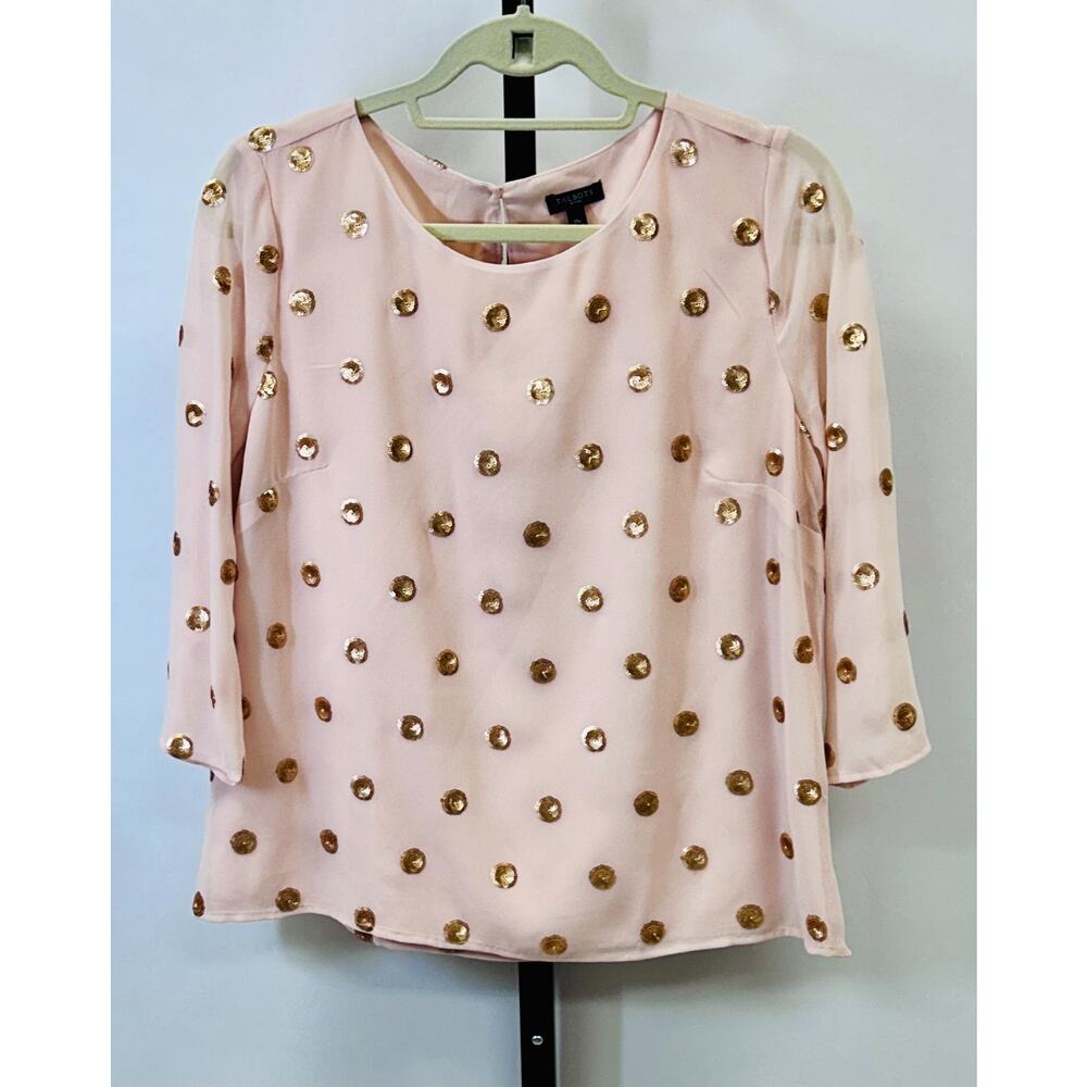Talbots Pink with Gold Dot Print Women M Petite 3/4 Sleeve Top Blouse